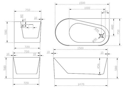 Акриловая ванна Abber 150х75 AB9496-1.5R без гидромассажа