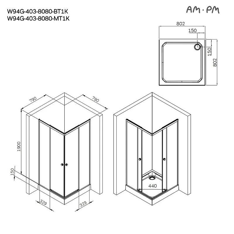 Душевой уголок AM.PM X-Joy 80х80 W94G-403-8080-BT1K профиль Черный матовый стекло прозрачное