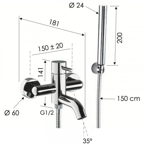Смеситель для ванны Remer X-Style X02DO Золото глянцевое латунь на стену