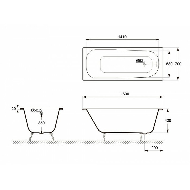 Чугунная ванна Delice Continental 160x70 DLR230626R с отверстиями под ручки без антискользящего покрытия