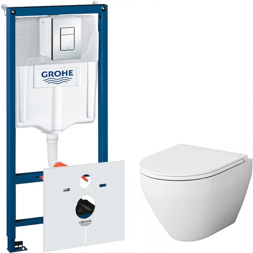 Комплект унитаза AM.PM Spirit FlashClean C701700WH+C707857WH с инсталляцией Grohe Rapid SL 38775001 с сиденьем Микролифт и клавишей смыва Хром фарфор подвесной