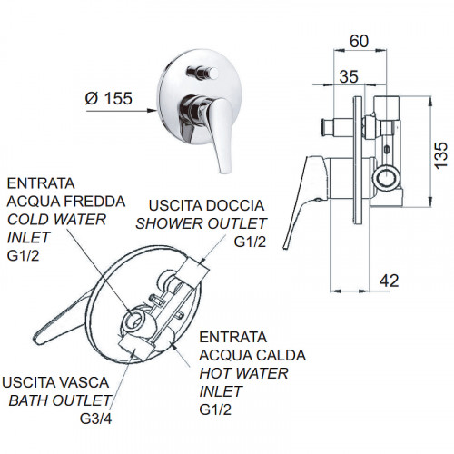 Смеситель для душа Remer Giga Four G094 Хром латунь встраиваемый