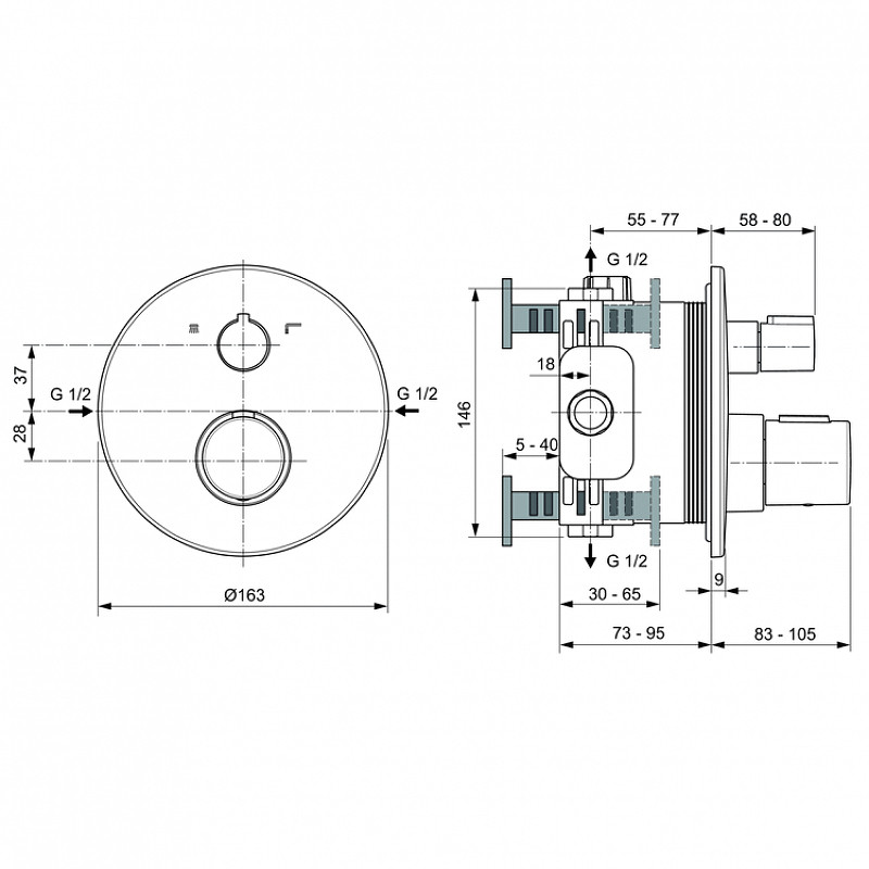 Смеситель для душа Ideal Standard Ceratherm T100 A5814GN с термостатом Silver Storm латунь встраиваемый