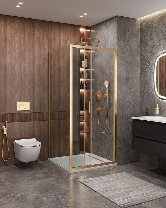 Душевой уголок Cezares Molveno 90x90 MOLVENO-AF-31-90-C-BORO-IV профиль Брашированное золото стекло прозрачное