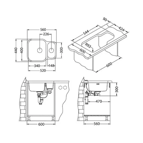 Кухонная мойка Alveus Duo 70 SAT-90 560x440 1039363 Сатинированная сталь нержавеющая сталь встраиваемый