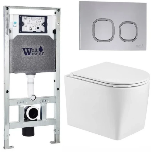 Комплект унитаза с инсталляцией WeltWasser AMBERG 506 ST + NESENBACH 004 GL-WT + AMBERG RD-CR 10000008937 цвет Белый глянцевый с сиденьем Микролифт и клавишей смыва цвет Хром