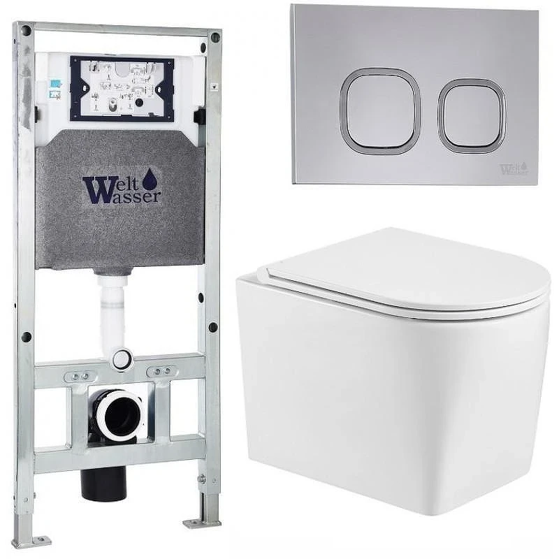 Комплект унитаза с инсталляцией WeltWasser AMBERG 506 ST + NESENBACH 004 GL-WT + AMBERG RD-CR 10000008937 цвет Белый глянцевый с сиденьем Микролифт и клавишей смыва цвет Хром