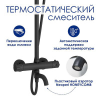 Душевая система WasserKRAFT A288.077.217.BM Thermo с термостатом Черная матовая латунь на стену