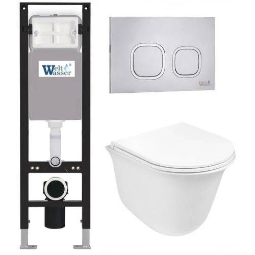 Комплект унитаза с инсталляцией WeltWasser AMBERG 350 + TELBACH 004 GL-WT + AMBERG RD-MT CR 10000012436 цвет Белый глянцевый с сиденьем Микролифт и клавишей смыва цвет Хром матовый