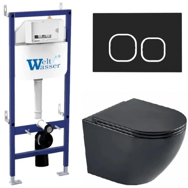Комплект унитаза с инсталляцией WeltWasser BAMBERG 460 + MERZBACH 043 MT-BL + BAMBERG BL 10000012901 цвет Черный матовый с сиденьем Микролифт и клавишей смыва цвет Черный