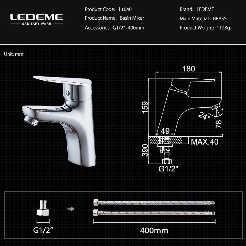 Смеситель для раковины Ledeme H40 1040L Хром латунь