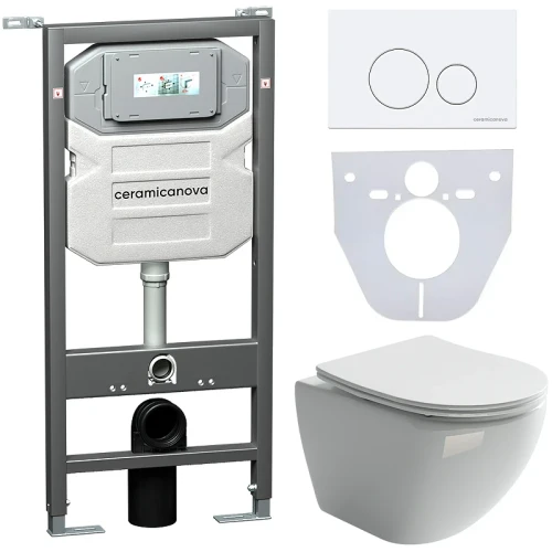 Комплект унитаза с инсталляцией Ceramicanova Metropol CN4002_1001W_1000 с сиденьем Микролифт и Белой клавишей смыва фарфор подвесной
