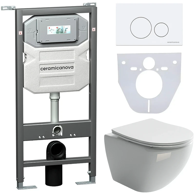 Комплект унитаза с инсталляцией Ceramicanova Metropol CN4002_1001W_1000 с сиденьем Микролифт и Белой клавишей смыва фарфор подвесной