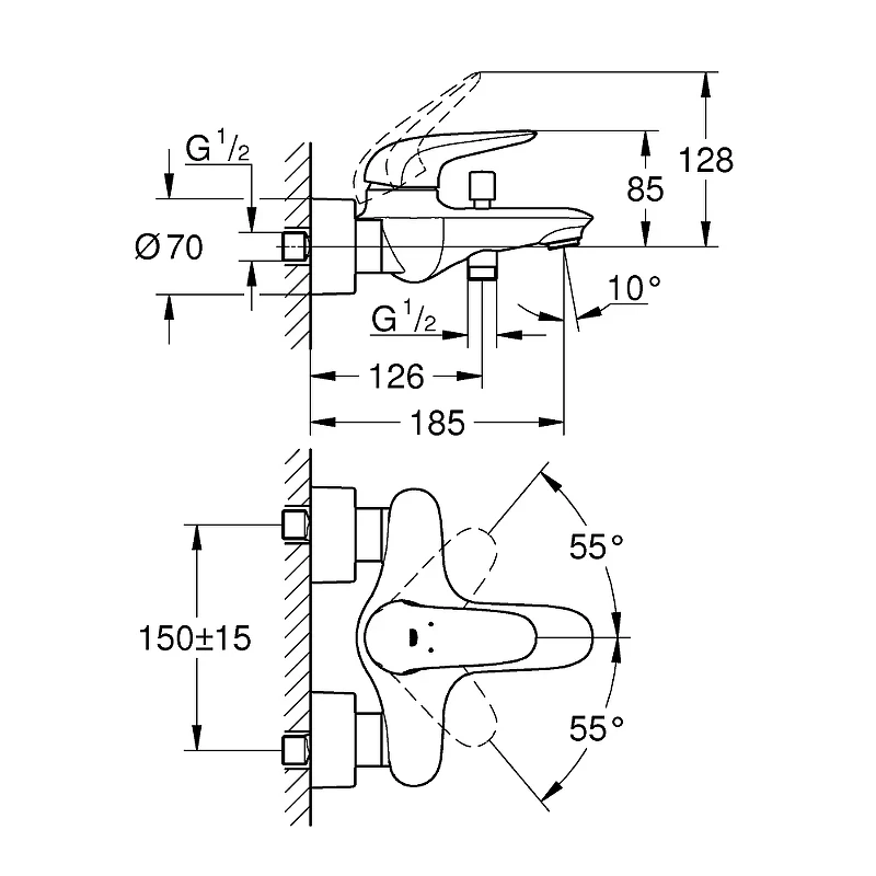 Смеситель для ванны Grohe Eurostyle Solid 23726003 Хром латунь на стену