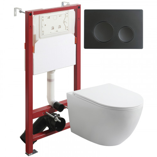 Комплект унитаза с инсталляцией Agger ATI07150+APB144 с сиденьем Микролифт и Черной матовой клавишей смыва фарфор подвесной