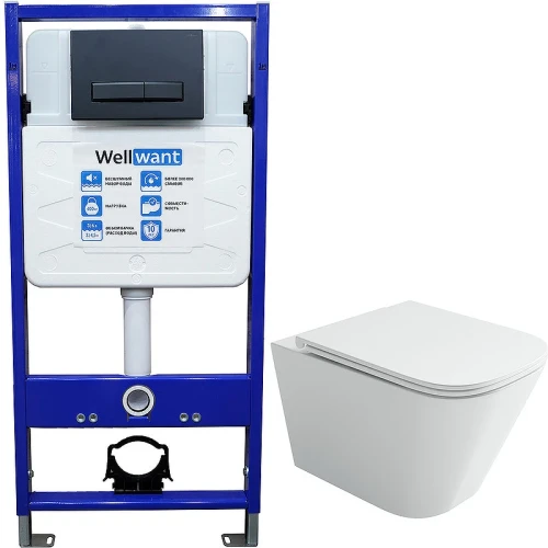 Комплект унитаза Ceramicanova Union CN4009T с инсталляцией WellWant Standart 50 WWISI111BB с сиденьем Микролифт и Черной матовой клавишей смыва фарфор подвесной