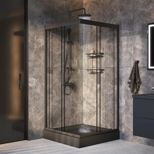 Комплект душевого уголка с душевой системой и аксессуарами AM.PM Gem 90x90 WK90EO профиль Черный матовый стекло прозрачное