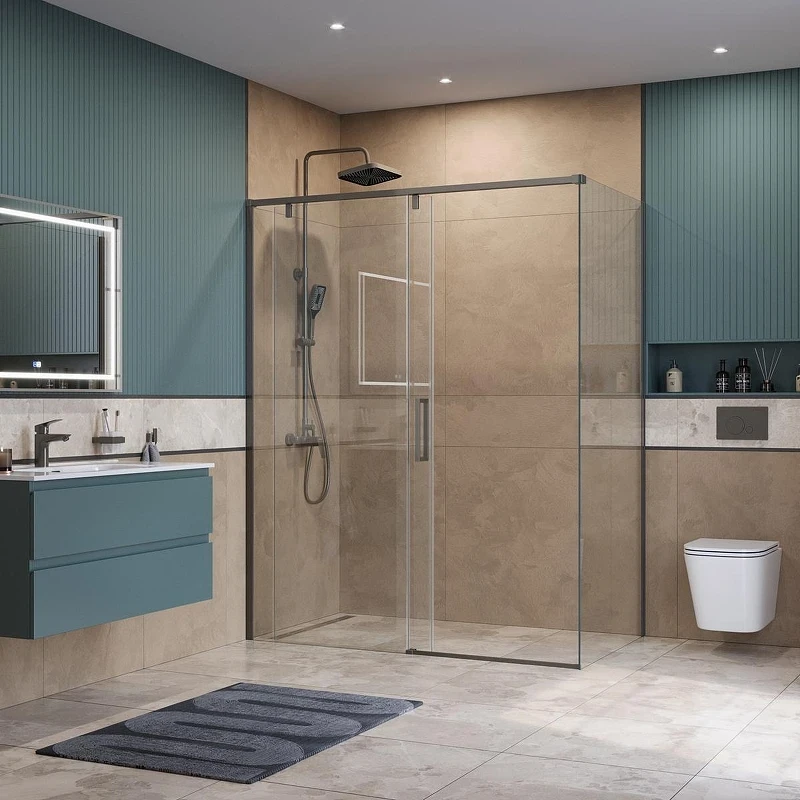 Душевой уголок BelBagno Soft Close-1 150x100 SOFT_CLOSE-1-AH-1-150/100-C-GM профиль Оружейная сталь стекло прозрачное
