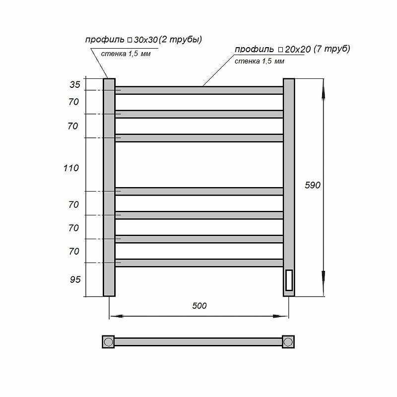 Электрический полотенцесушитель Point Вега PN71856B П7 500x590 диммер справа Черный