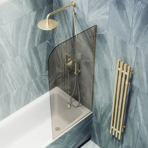 Шторка на ванну Maybah Glass MGV-127-3у 340x1400 в узком профиле Золото стекло бронзовое