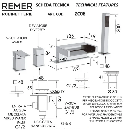 Смеситель на борт ванны Remer ZC06 цвет Хром