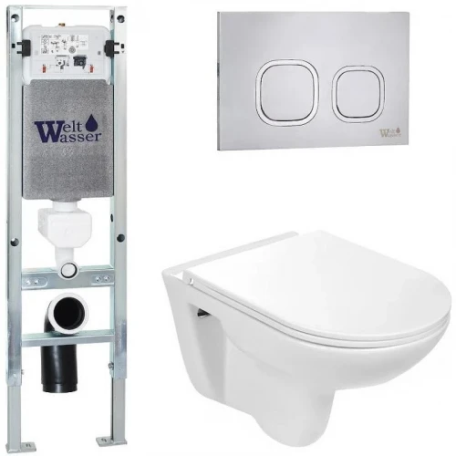 Комплект унитаза с инсталляцией WeltWasser AMBERG 350 ST + BAARBACH 004 GL-WT + AMBERG RD-MT CR 10000006502 цвет Белый глянцевый с сиденьем Микролифт и клавишей смыва цвет Хром матовый