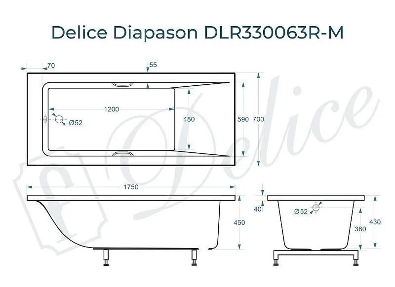 Ванна из искусственного камня Delice Diapason 175х70 DLR330063R-M цвет Белый матовый с ручками Хром