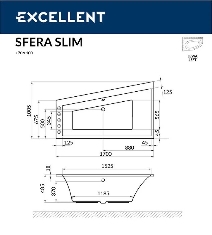 Акриловая ванна Excellent Sfera Slim 170x100 L WAEX.SFL17S.SOFT.GL с гидромассажем