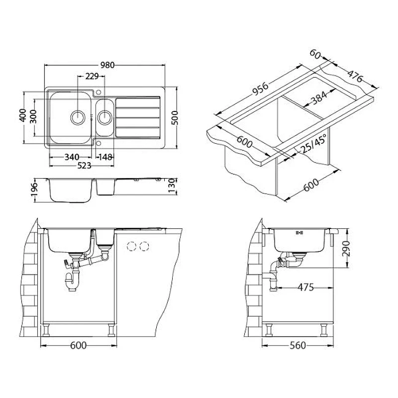 Кухонная мойка Alveus Line Maxim 10 SAT-90 980x500 1089610 Сатинированная сталь нержавеющая сталь встраиваемый