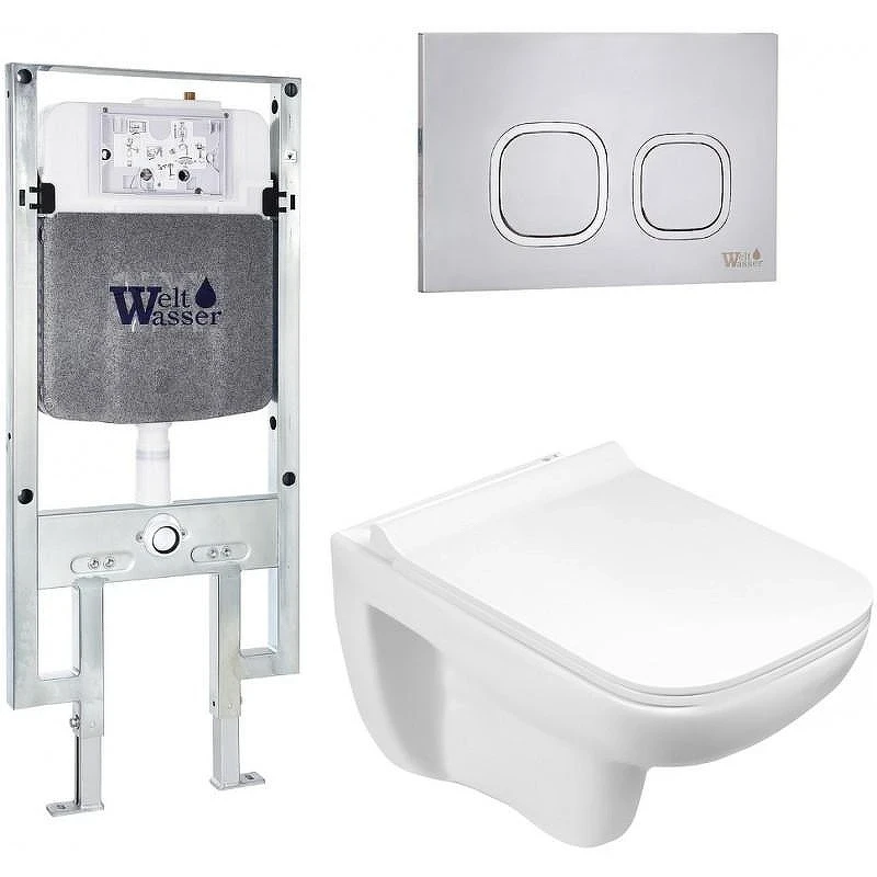 Комплект унитаза с инсталляцией WeltWasser AMBERG 497 ST + KEHLBACH 004 GL-WT + AMBERG RD-MT CR 10000006717 цвет Белый глянцевый с сиденьем Микролифт и клавишей смыва цвет Хром матовый