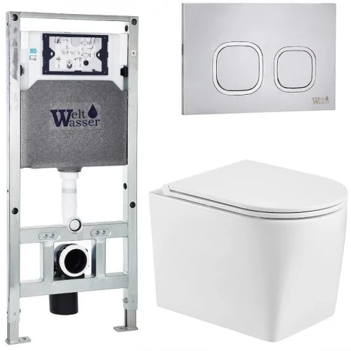 Комплект унитаза с инсталляцией WeltWasser AMBERG 506 ST + NESENBACH 004 GL-WT + AMBERG RD-MT CR 10000008938 цвет Белый глянцевый с сиденьем Микролифт и клавишей смыва цвет Хром матовый