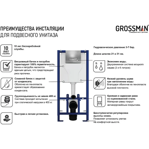Инсталляция Grossman 900.T1.01.000 для унитаза без клавиши смыва нержавеющая сталь
