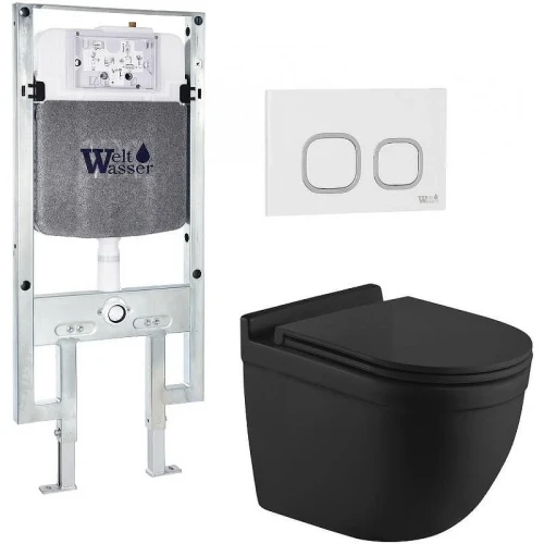 Комплект унитаза с инсталляцией WeltWasser AMBERG 497 ST + HEIMBACH 043 MT-BL + AMBERG RD-WT 10000012234 цвет Черный матовый с сиденьем Микролифт и клавишей смыва цвет Белый