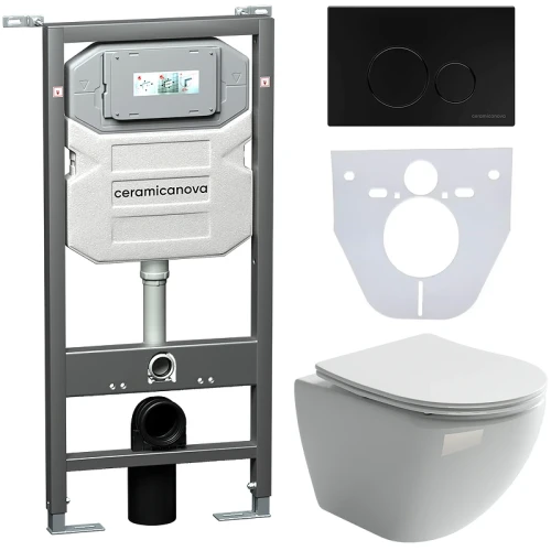 Комплект унитаза с инсталляцией Ceramicanova Metropol CN4002_1001B_1000 с сиденьем Микролифт и Черной матовой клавишей смыва фарфор подвесной