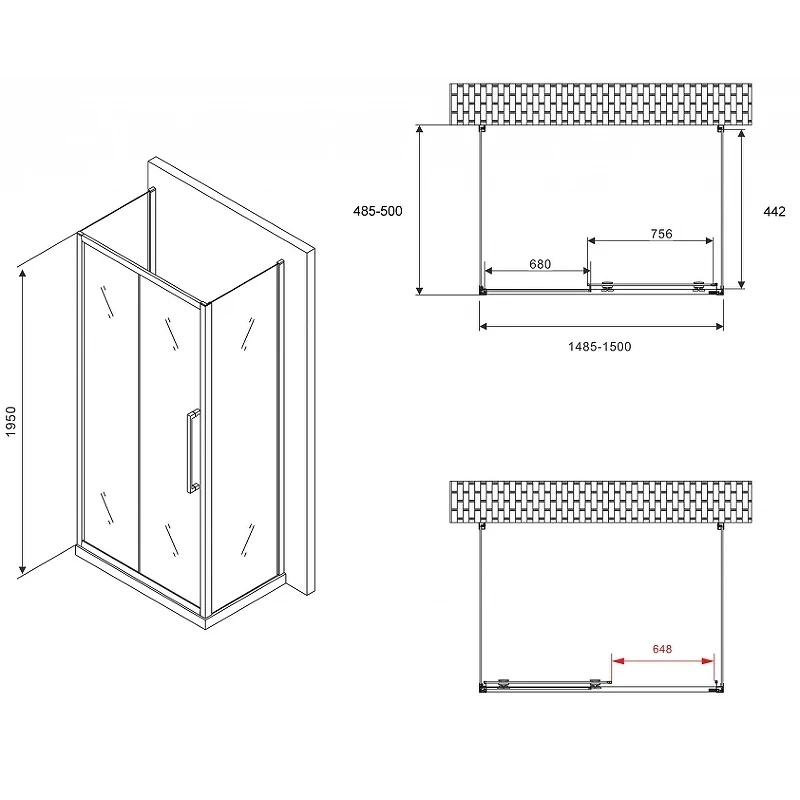 Душевой уголок Abber Schwarzer Diamant 150x50 AG30150H-S50-S50 профиль Хром стекло прозрачное