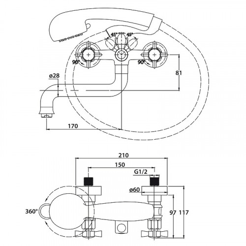 Смеситель для ванны Kaiser Cross 41022 Хром латунь на стену