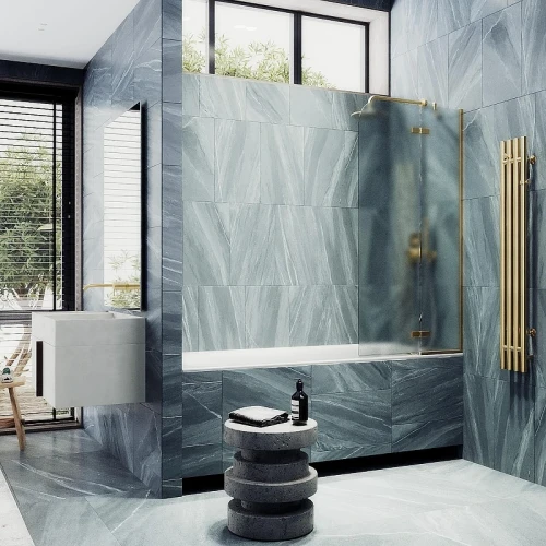 Шторка для ванны Maybah Glass MGV-661-3 690х1400 поворотная с добором Золото стекло сатиновое