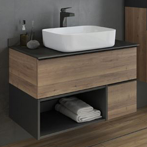 Тумба с раковиной Comforty Штутгарт 90 00-00002868 подвесная Дуб темно-коричневый Черная матовая МДФ / ЛДСП