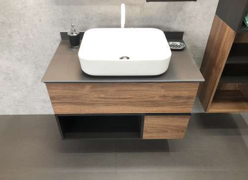 Тумба с раковиной Comforty Штутгарт 90 00-00002868 подвесная Дуб темно-коричневый Черная матовая МДФ / ЛДСП