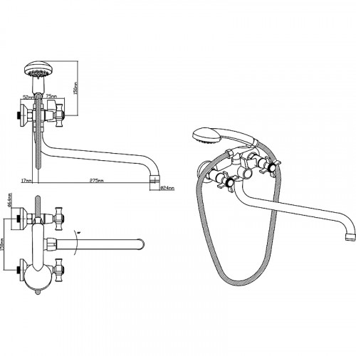 Смеситель для ванны Ростовская Мануфактура Сантехники Boou BA5333-3-B723-C018 универсальный Хром латунь на стену