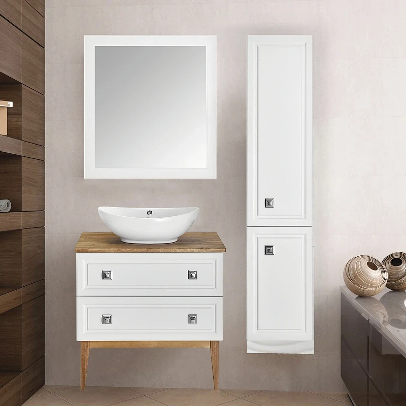 Зеркало ASB-Woodline Каталина 80 White 12082 с подсветкой Белое массив дерева, стекло