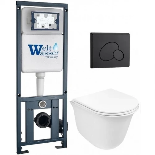 Комплект унитаза с инсталляцией WeltWasser MARBERG 410 + TELBACH 004 GL-WT + MAR 410 RD MT-BL 10000011127 цвет Белый глянцевый с сиденьем Микролифт и клавишей смыва цвет Черный матовый