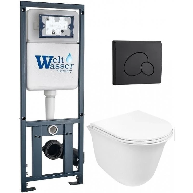 Комплект унитаза с инсталляцией WeltWasser MARBERG 410 + TELBACH 004 GL-WT + MAR 410 RD MT-BL 10000011127 цвет Белый глянцевый с сиденьем Микролифт и клавишей смыва цвет Черный матовый