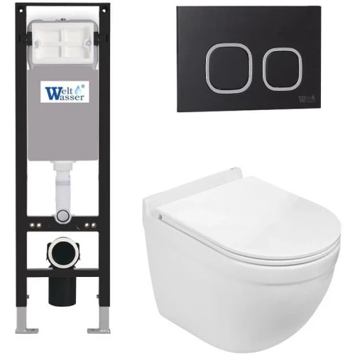 Комплект унитаза с инсталляцией WeltWasser AMBERG 350 + HEIMBACH 043 GL-WT + AMBERG RD-BL 10000012439 цвет Белый глянцевый с сиденьем Микролифт и клавишей смыва цвет Черный