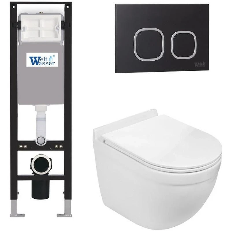 Комплект унитаза с инсталляцией WeltWasser AMBERG 350 + HEIMBACH 043 GL-WT + AMBERG RD-BL 10000012439 цвет Белый глянцевый с сиденьем Микролифт и клавишей смыва цвет Черный