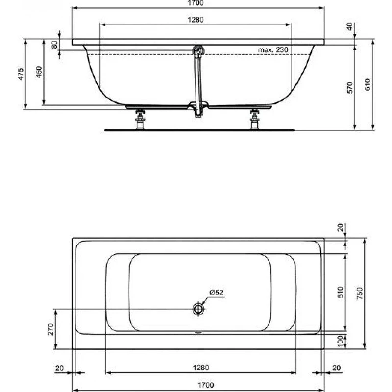 Акриловая ванна Ideal Standard Connec Air 170х75 E106601 цвет Euro White / Евробелый