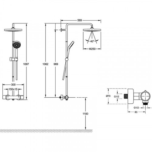 Душевая система Jacob Delafon Atom E36124-CP с термостатом Хром латунь на стену