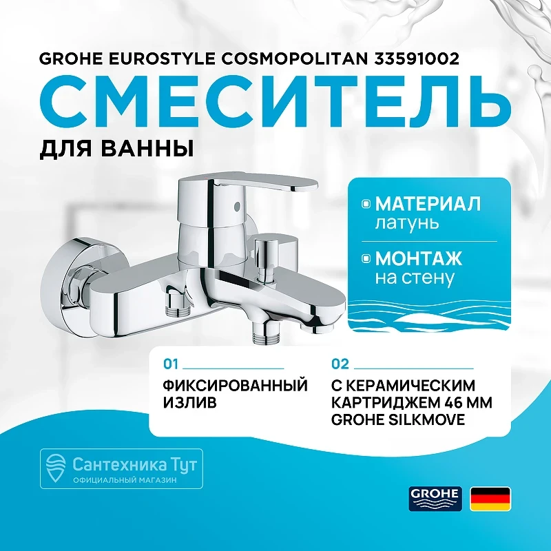 Смеситель для ванны Grohe Eurostyle Cosmopolitan 33591002 Хром латунь на стену
