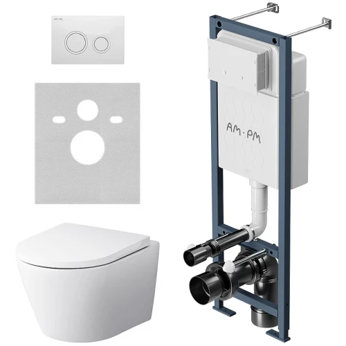 Комплект унитаза с инсталляцией AM.PM Sense FlashClean IS110101.741701 с сиденьем Микролифт и Белой глянцевой клавишей смыва фарфор подвесной