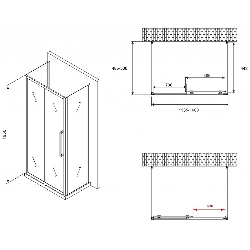 Душевой уголок Abber Schwarzer Diamant 160x50 AG30160H-S50-S50 профиль Хром стекло прозрачное